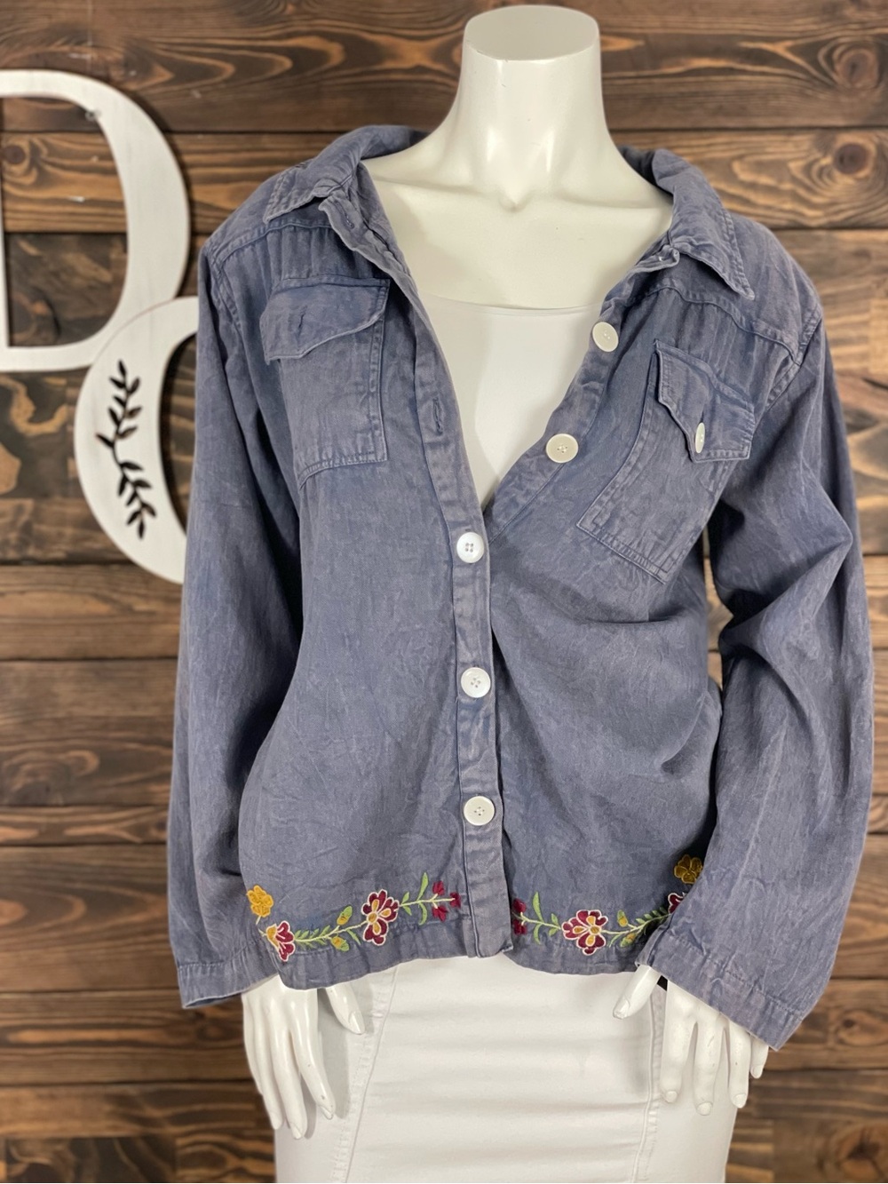 EARTHBOUND | Denim Dusty Blue Embroidered Button-Front Jacket Moon Phase Floral